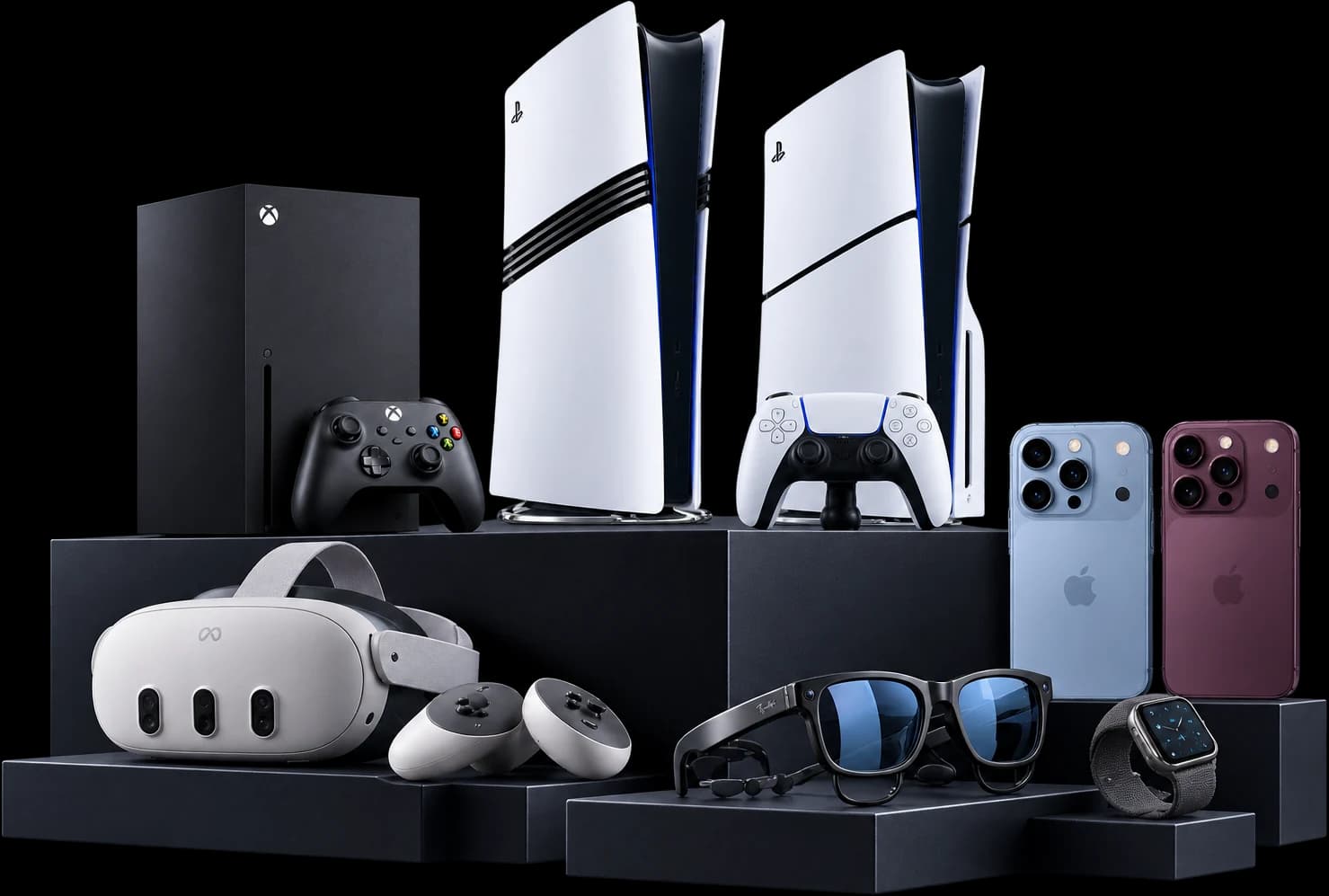Consoles, phones, a VR headset and smart glasses of the kind our members source